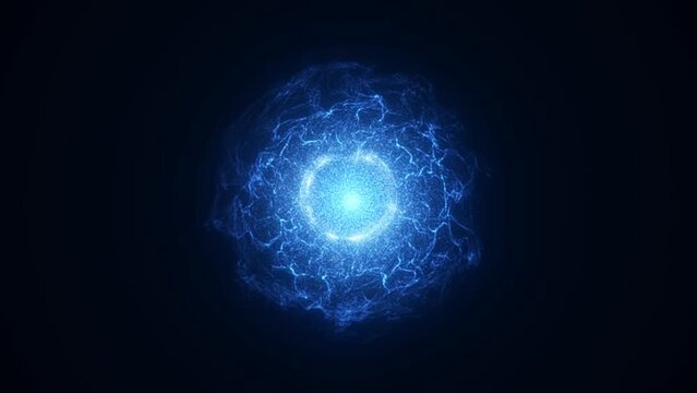 Abstract glowing blue futuristic energy sphera and dust with waves of magical energy particles on a dark blue background