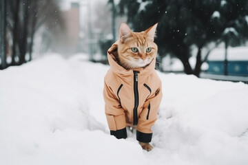 A cat in warm clothes walks along a snowy street