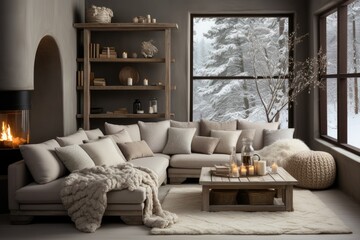 New Year's decor in the Scandinavian style interior white beige olive, gray minimalism.
