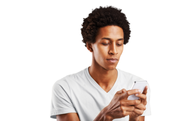 Internet, typing and black man with a cellphone, connection and social media isolated on a transparent background. African person, model and guy with a smartphone, digital app and png with network