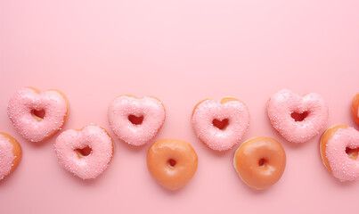 Lineup of glazed donuts adorned with pink and blue frosting and sprinkles against a sky blue background.  Banner, aerial view, flat layout. Birthday, Valentine's day and Woman day present