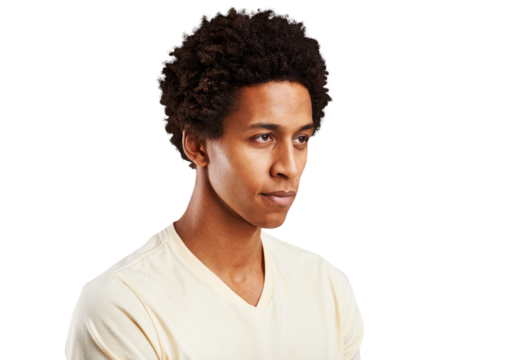 Thinking, black man and calm with peace, zen and wellness isolated on transparent background. African person, guy and model with chakra, wonder and casual with meditation, png or choice with decision