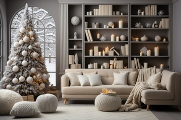 New Year's decor in the Scandinavian style interior white beige olive, gray minimalism.
