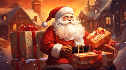a person in a santa suit holding a box of presents. Ai ilustration. digital painting. Generative AI Artificial Intelligence Artwork