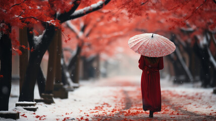 a girl in red Kimono with umbrella with white snow, Hokkaido, Japan.generative ai