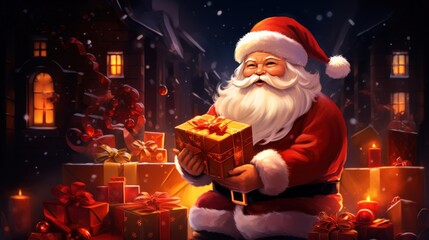 a person in a santa suit holding a box of presents. Ai ilustration. digital painting. Generative AI Artificial Intelligence Artwork