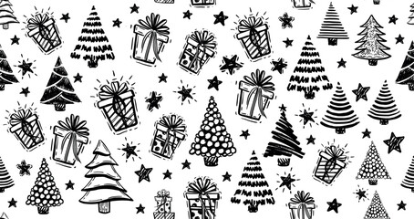 Christmas tree, New Year set, hand drawn illustrations. Vector.
