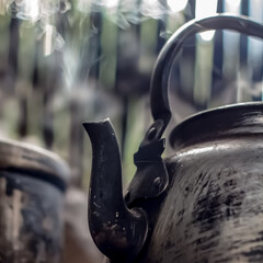Close up of a rustic metallic kettle making steam. Rural traditional kitchen in an adobe house in...