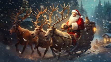 a person riding a reindeer carriage. Ai ilustration. digital painting. Generative AI Artificial Intelligence Artwork