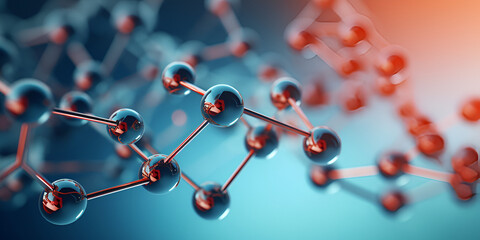 A close up of a molecular structure with red and blue background. A close up of a molecule with red glass beads. Generative AI