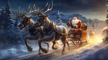 a person riding a reindeer cart. Ai ilustration. digital painting. Generative AI Artificial Intelligence Artwork