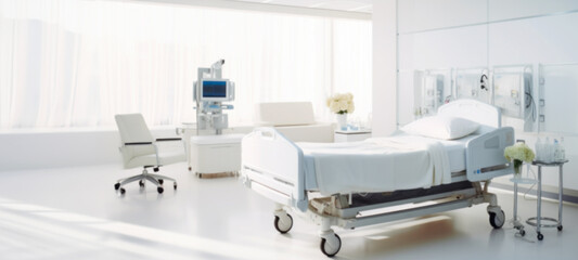 Empty Hospital bed specially designed for hospitalized patients, Hospital equipment, clean and modern, in the new medical center, Recovery Room comfortable medical, health concept, blurred image