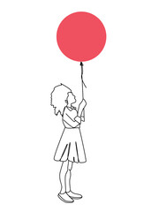 Line Art Drawing: Girl holding red balloon