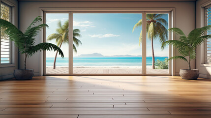 empty room with wooden floor and open windows and beach view - obrazy, fototapety, plakaty