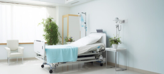 Empty Hospital bed specially designed for hospitalized patients, Hospital equipment, clean and modern, in the new medical center, Recovery Room comfortable medical, health concept, blurred image - obrazy, fototapety, plakaty