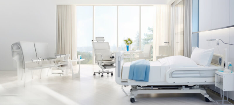Empty Hospital bed specially designed for hospitalized patients, Hospital equipment, clean and modern, in the new medical center, Recovery Room comfortable medical, health concept, blurred image