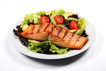 Delicious salmon salad beautifully presented on white plate. Perfect for healthy meals and restaurant menus.
