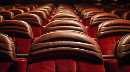 Obraz premium Rows of red theatre seats at a vintage movie palace. Space for text.
