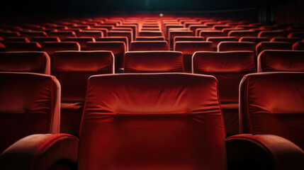 Rows of red theatre seats at a vintage movie palace. Space for text.