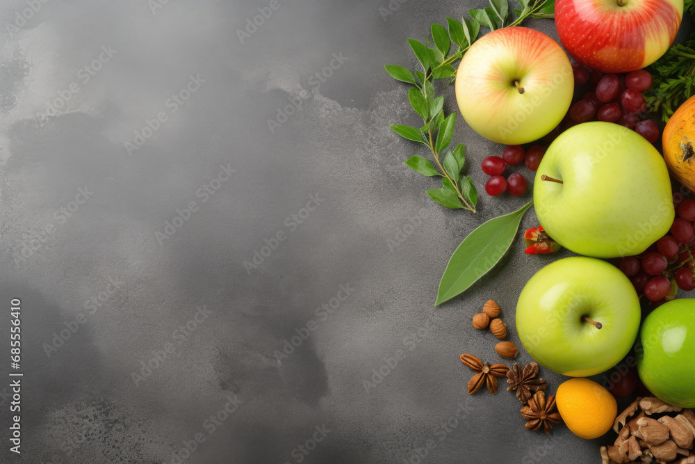 Poster group of various fresh fruits and vegetables arranged on table. this versatile image can be used in 