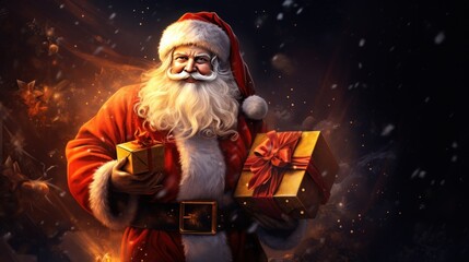 a person in a santa suit holding a box. Ai ilustration. digital painting. Generative AI Artificial Intelligence Artwork