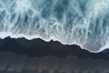 aerial view of the black sand beach and ocean waves - obrazy, fototapety, plakaty