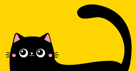 Cat hiding silhouette. Cute funny face head. Pink cheeks. Black kitten. Kawaii animal. Cartoon pet character. Baby card. Notebook cover. Sticker print. Banner. Flat design. Yellow background.