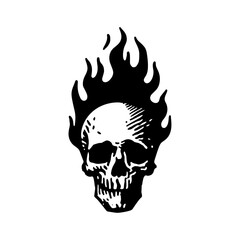 Monochrome Illustration of a Skull Engulfed in Flames