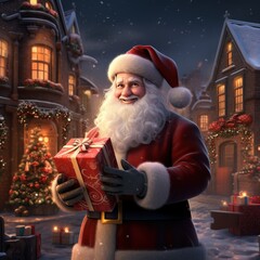 a person in a santa suit holding a box and a book. Ai ilustration. digital painting. Generative AI Artificial Intelligence Artwork