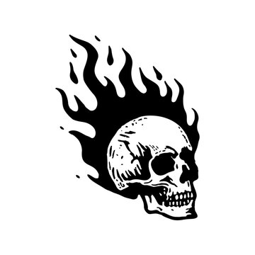 Hand Drawn Tattoo Illustration of a Skull Engulfed in Flames