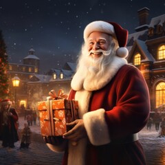 a man in a santa suit holding a box. Ai ilustration. digital painting. Generative AI Artificial Intelligence Artwork