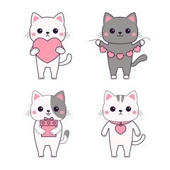 Cat kitten kitty set. Happy Valentines Day. Contour line doodle. Pink heart, gift box, garland, locket. Funny head face. Cute cartoon kawaii animal character. Flat design. Love card. White background.