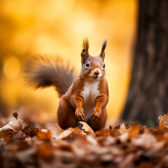 Naklejka na ściany i meble Squirrel in the autumn forest. Animal potrait in nature