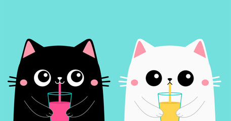 Cute cat set. Kitten drinks juice out of a glass cup. Black white kitten head face. Pink ears, cheeks. Kawaii cartoon funny baby character. Valentines day. Flat design. Blue background - obrazy, fototapety, plakaty