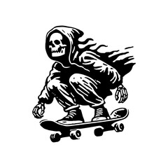 Hand Drawn Monochrome Illustration of a Skeleton Enjoying Skateboarding