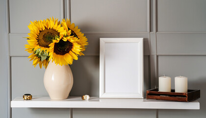 Living room interior with a sunflower shelf photo frame