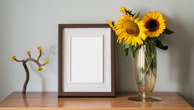 Living room interior with a sunflower shelf photo frame