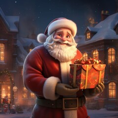 a person in a santa suit holding a box of presents. Ai ilustration. digital painting. Generative AI Artificial Intelligence Artwork