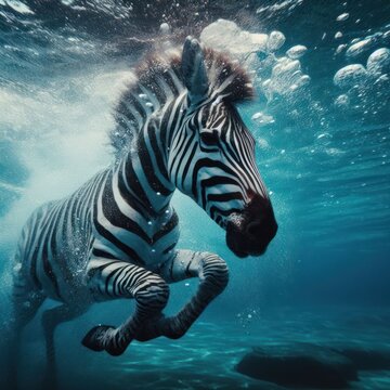 image of a zebra swimming under water in a pool generative ai