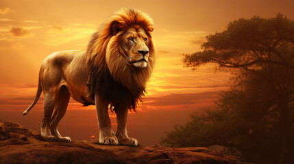 Majestic Masai Lion Roaming the Savanna at Sunset