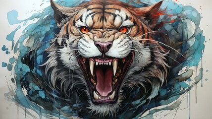 Watercolor illustration of a tiger with its mouth open