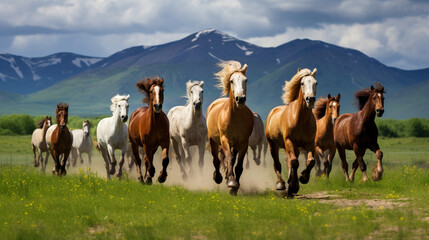 Herd of Mustang Horses Grazing in Natural Prairie Landscape
