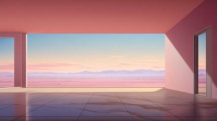 Empty interior room with a desert landscape view - idyllic far away freedom and empty open space - summer solitude scene - minimalist Architecture design.