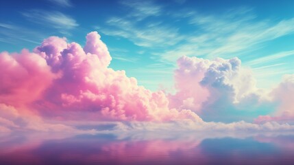 Pink clouds and blue skies visible above the water surface. Generative AI