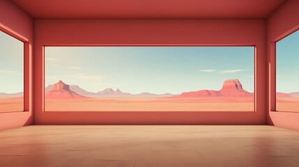 Empty interior room with a desert landscape view - idyllic far away freedom and empty open space - summer solitude scene - minimalist Architecture design.