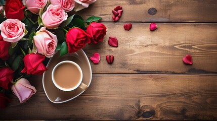 Obraz na płótnie Canvas coffee cup and red rose on wooden background romantic view for Christmas generated by AI tool