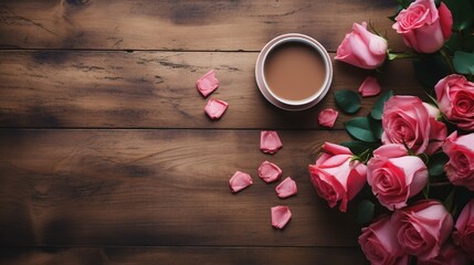 Obraz na płótnie Canvas coffee cup and red rose on wooden background romantic view for Christmas generated by AI tool