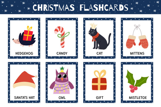 Christmas flashcards collection for kids. Flash cards set with cute winter characters for school and preschool. Learning to read activity for children. Vector illustration