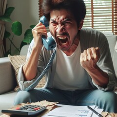 Angry asian man, shouts on the phone complaining to the company, people concept, generative ai