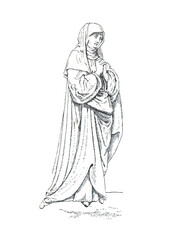 Hand drawn vintage Statue of Maria virgin. Maria magdalena illustration. Religious maria portrait.